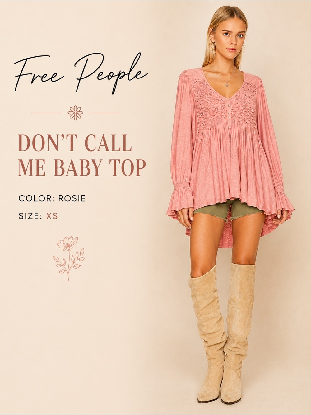 Free People Don’t Call Me Baby Top XS Rosie Smocked Button Front Boho Tunic
